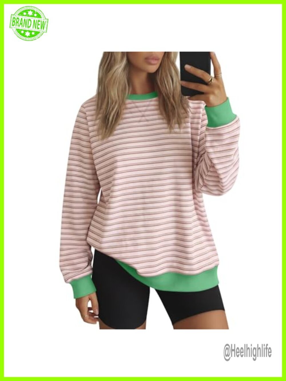 Women Oversized Striped Fleece Sweatshirt Cotton Blend Crew Neck Pullover Long
